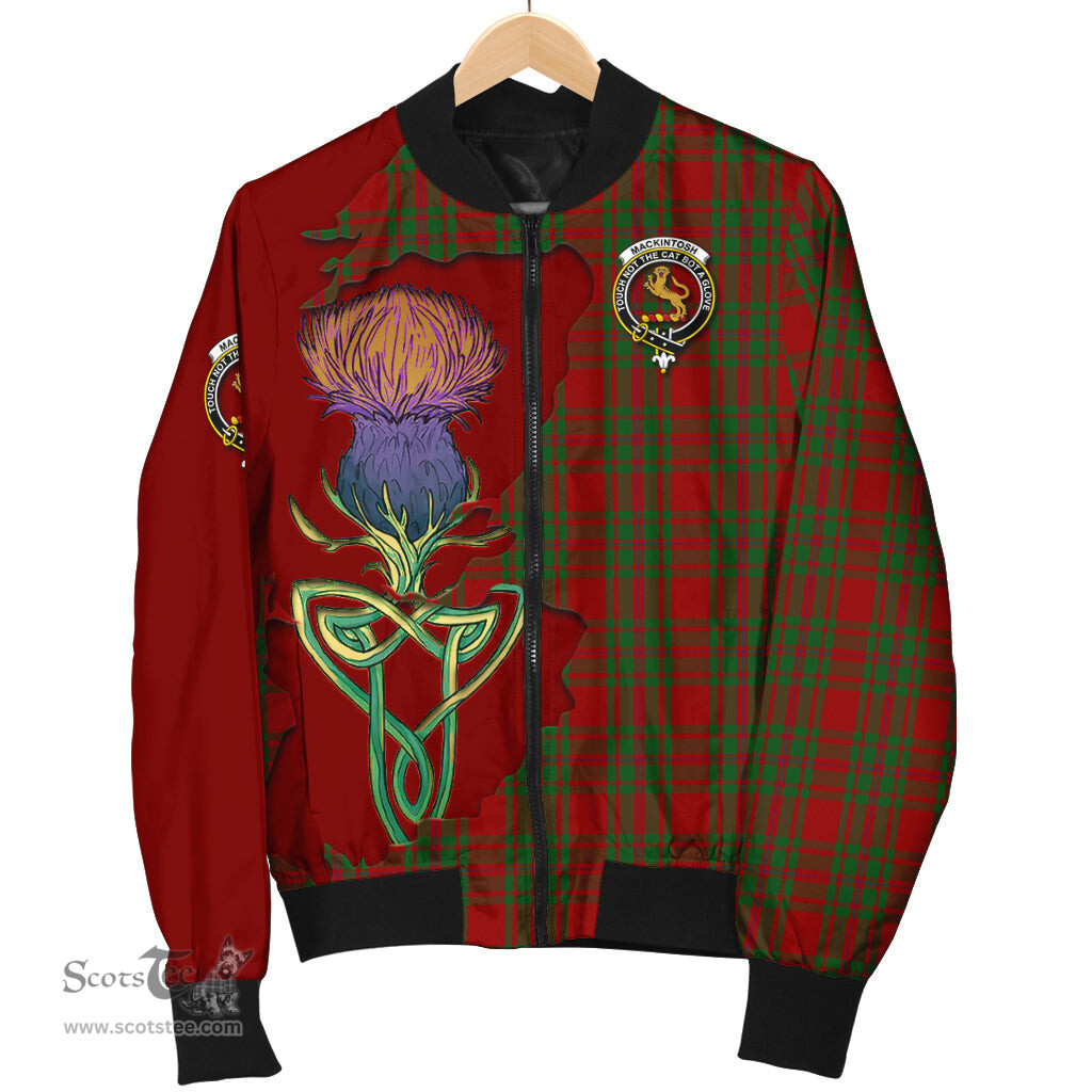 Scottish MacKintosh Red Tartan Family Crest with Thistle and Scotland Map Tartan Plaid Bomber Jacket Scottish Plaid Tartan Plaid - ScotsTee - scotstee.com