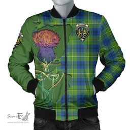 Scottish Johnston Ancient Tartan Family Crest with Thistle and Scotland Map Tartan Plaid Bomber Jacket Scottish Plaid Tartan Plaid - ScotsTee - scotstee.com