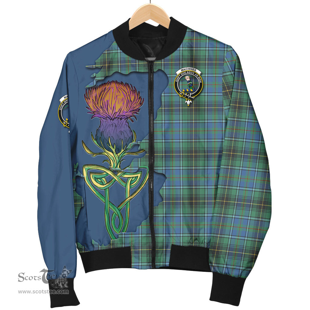 Scottish MacInnes Ancient Tartan Family Crest with Thistle and Scotland Map Tartan Plaid Bomber Jacket Scottish Plaid Tartan Plaid - ScotsTee - scotstee.com