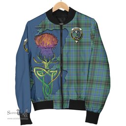 Scottish MacInnes Ancient Tartan Family Crest with Thistle and Scotland Map Tartan Plaid Bomber Jacket Scottish Plaid Tartan Plaid - ScotsTee - scotstee.com