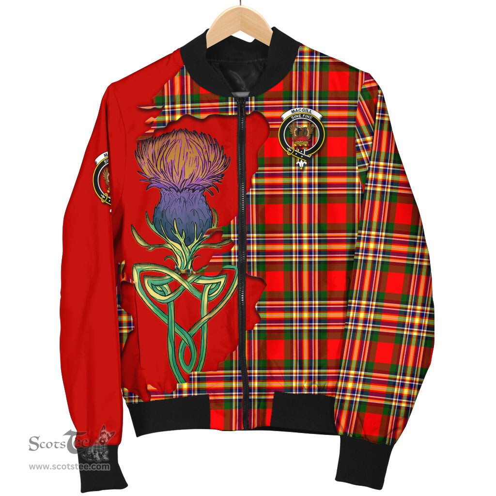 Scottish MacGill Modern Tartan Family Crest with Thistle and Scotland Map Tartan Plaid Bomber Jacket Scottish Plaid Tartan Plaid - ScotsTee - scotstee.com