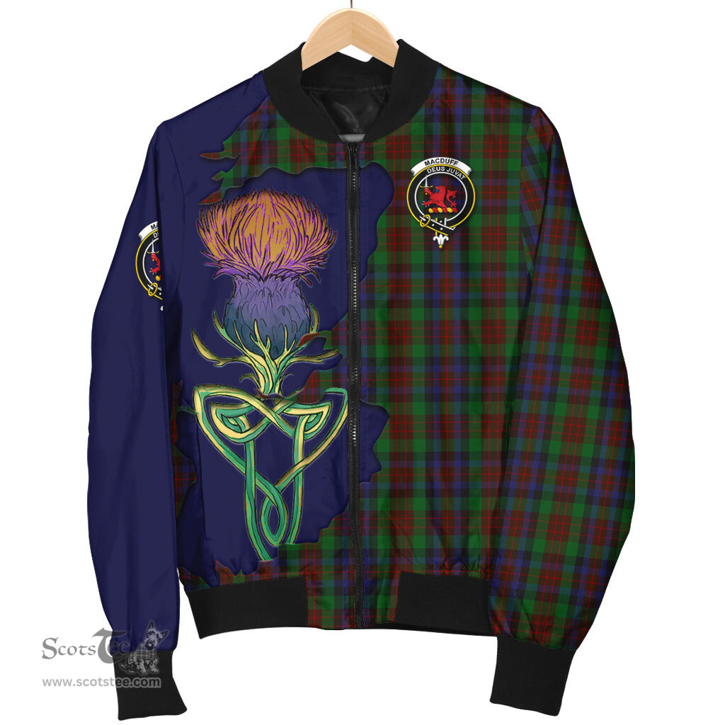 Scottish MacDuff Hunting Tartan Family Crest with Thistle and Scotland Map Tartan Plaid Bomber Jacket Scottish Plaid Tartan Plaid - ScotsTee - scotstee.com