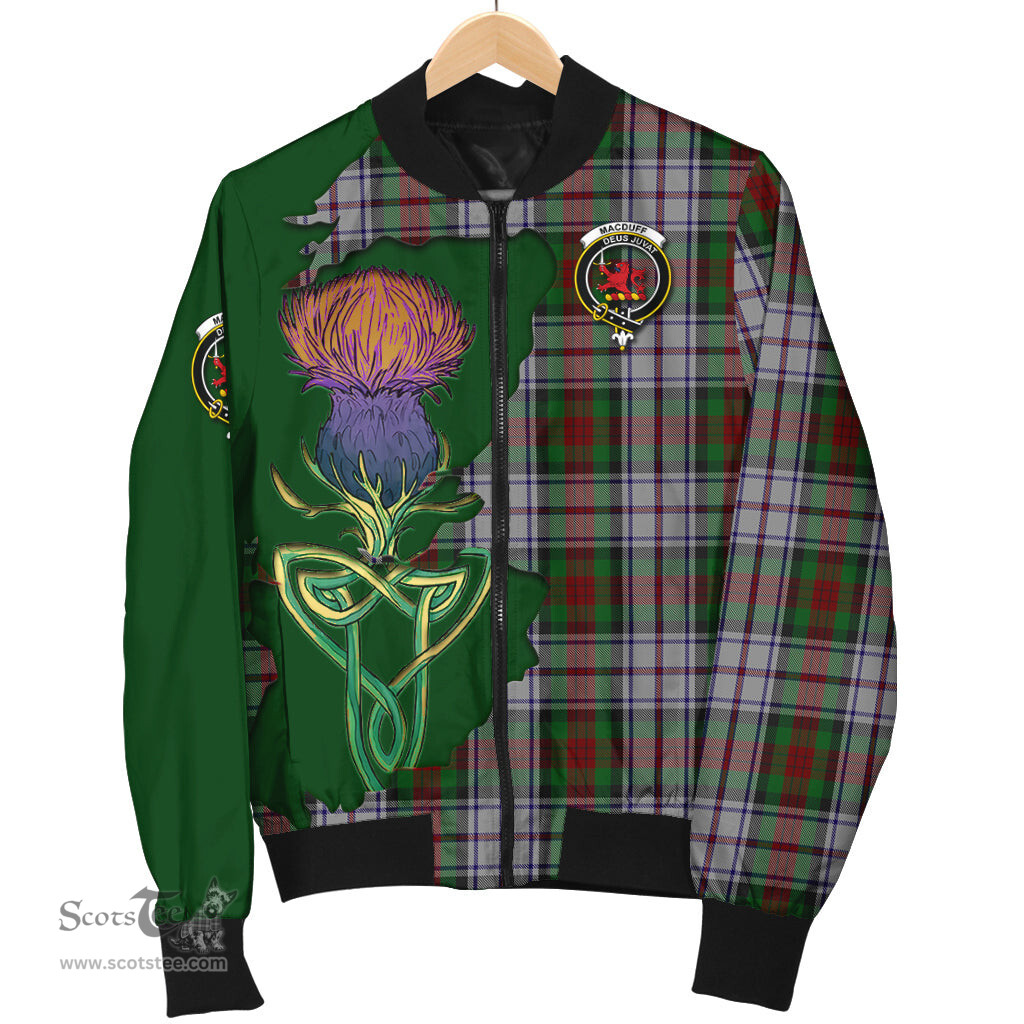 Scottish MacDuff Dress Tartan Family Crest with Thistle and Scotland Map Tartan Plaid Bomber Jacket Scottish Plaid Tartan Plaid - ScotsTee - scotstee.com