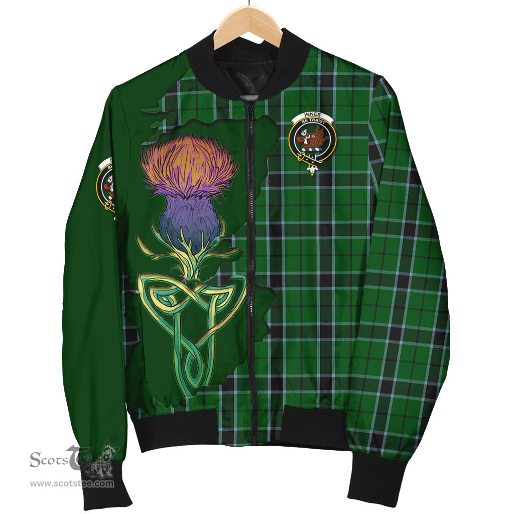 Scottish Innes Hunting Tartan Family Crest with Thistle and Scotland Map Tartan Plaid Bomber Jacket Scottish Plaid Tartan Plaid - ScotsTee - scotstee.com