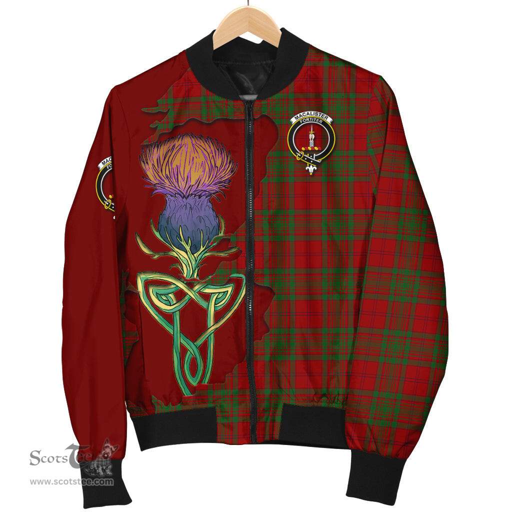 Scottish MacAlister of Glenbarr Tartan Family Crest with Thistle and Scotland Map Tartan Plaid Bomber Jacket Scottish Plaid Tartan Plaid - ScotsTee - scotstee.com