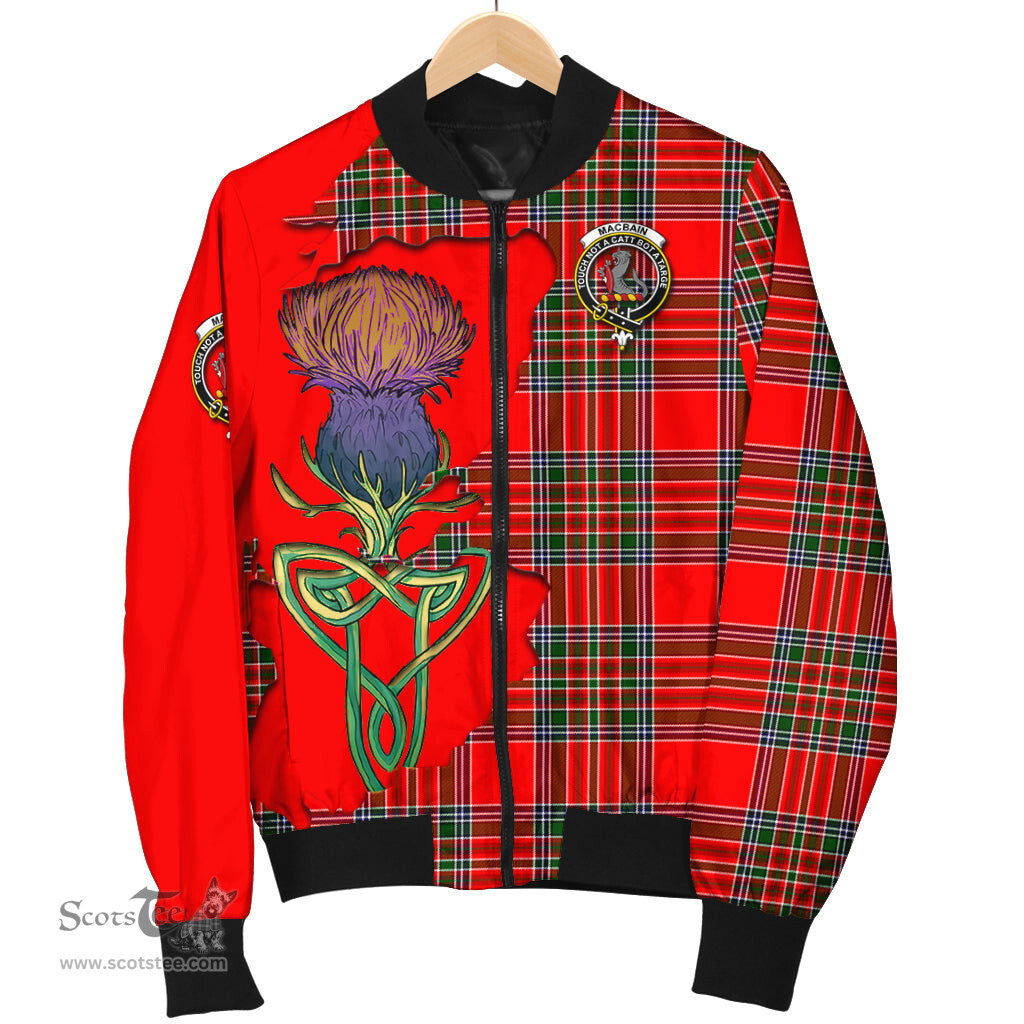 Scottish MacBain Tartan Family Crest with Thistle and Scotland Map Tartan Plaid Bomber Jacket Scottish Plaid Tartan Plaid - ScotsTee - scotstee.com
