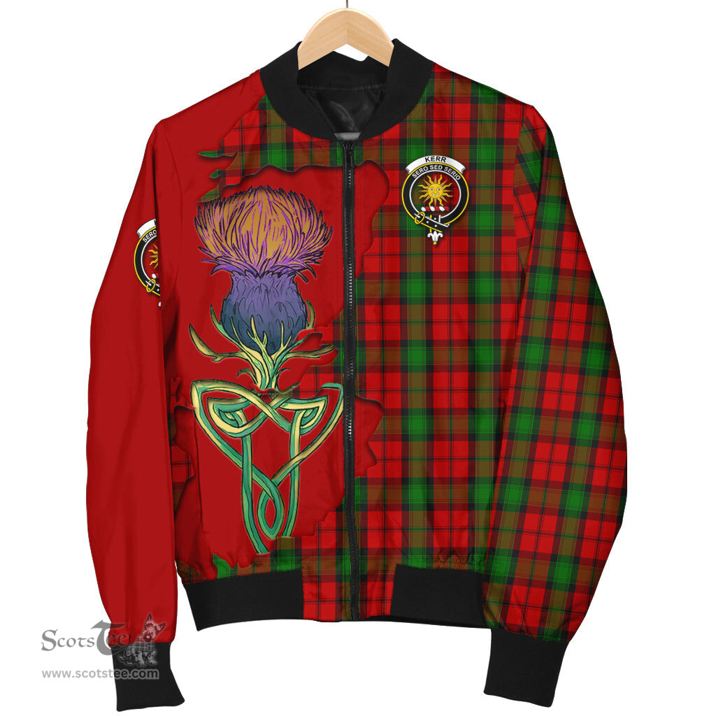 Scottish Kerr Tartan Family Crest with Thistle and Scotland Map Tartan Plaid Bomber Jacket Scottish Plaid Tartan Plaid - ScotsTee - scotstee.com
