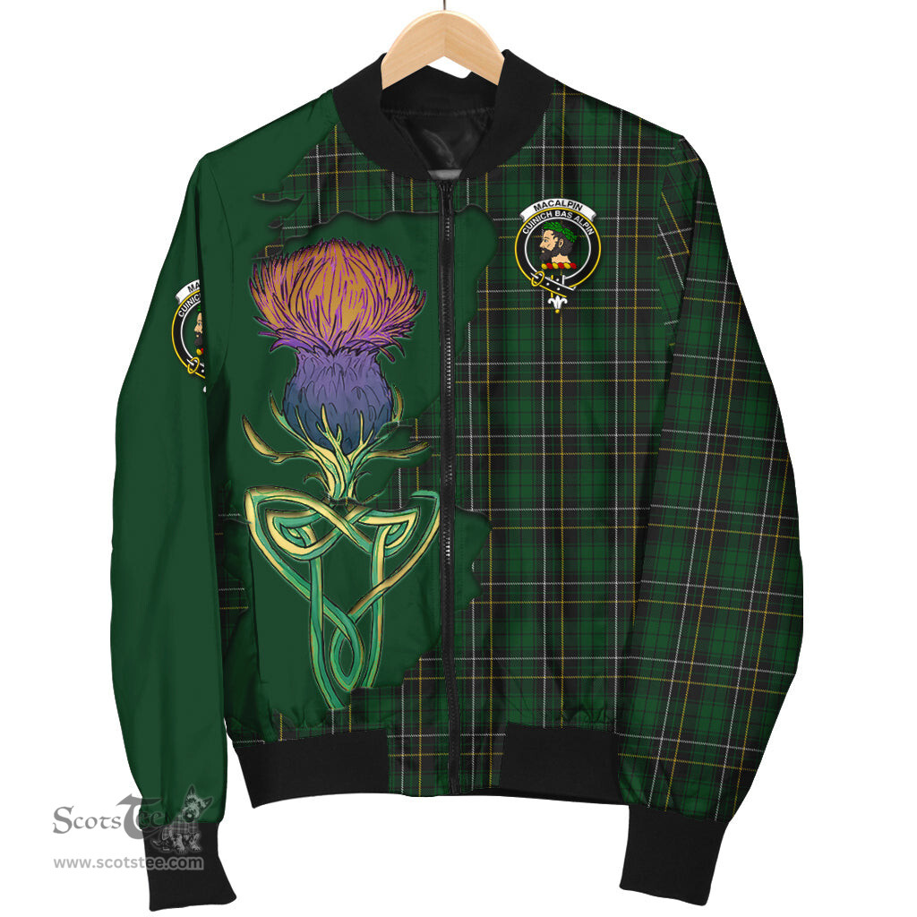 Scottish MacAlpin Tartan Family Crest with Thistle and Scotland Map Tartan Plaid Bomber Jacket Scottish Plaid Tartan Plaid - ScotsTee - scotstee.com