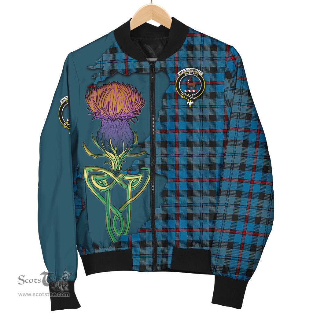 Scottish MacCorquodale Tartan Family Crest with Thistle and Scotland Map Tartan Plaid Bomber Jacket Scottish Plaid Tartan Plaid - ScotsTee - scotstee.com