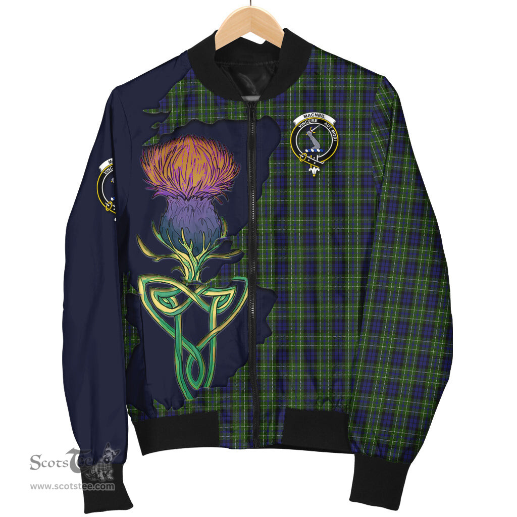 Scottish MacNeil of Colonsay Tartan Family Crest with Thistle and Scotland Map Tartan Plaid Bomber Jacket Scottish Plaid Tartan Plaid - ScotsTee - scotstee.com