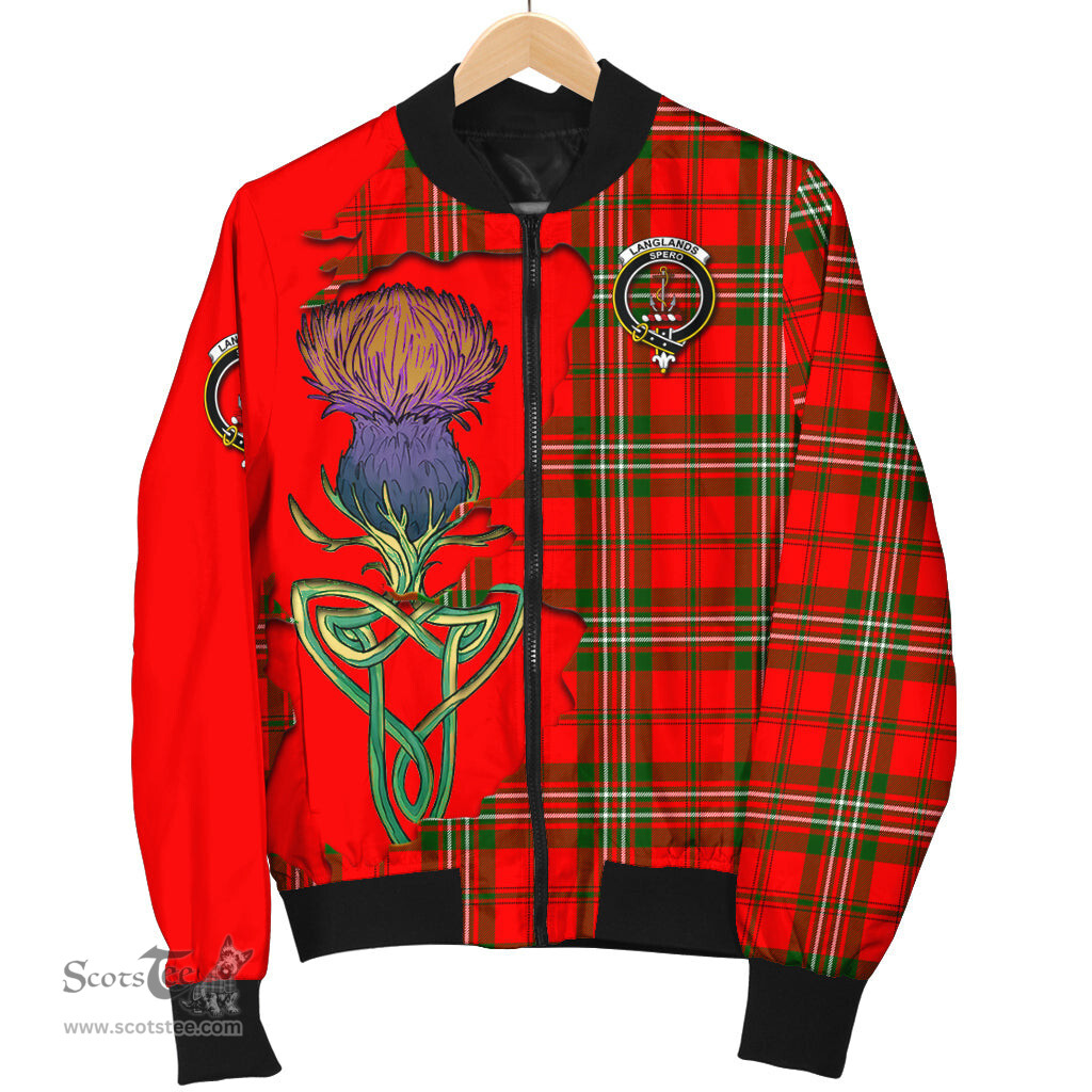 Scottish Langlands Tartan Family Crest with Thistle and Scotland Map Tartan Plaid Bomber Jacket Scottish Plaid Tartan Plaid - ScotsTee - scotstee.com
