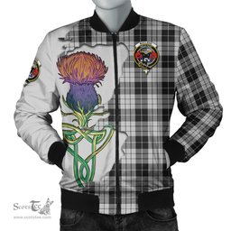Scottish MacLeod Black and White Tartan Family Crest with Thistle and Scotland Map Tartan Plaid Bomber Jacket Scottish Plaid Tartan Plaid - ScotsTee - scotstee.com