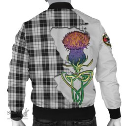 Scottish MacLeod Black and White Tartan Family Crest with Thistle and Scotland Map Tartan Plaid Bomber Jacket Scottish Plaid Tartan Plaid - ScotsTee - scotstee.com