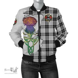 Scottish MacLeod Black and White Tartan Family Crest with Thistle and Scotland Map Tartan Plaid Bomber Jacket Scottish Plaid Tartan Plaid - ScotsTee - scotstee.com