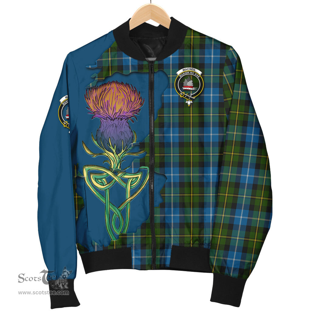 Scottish MacNeil of Barra Tartan Family Crest with Thistle and Scotland Map Tartan Plaid Bomber Jacket Scottish Plaid Tartan Plaid - ScotsTee - scotstee.com