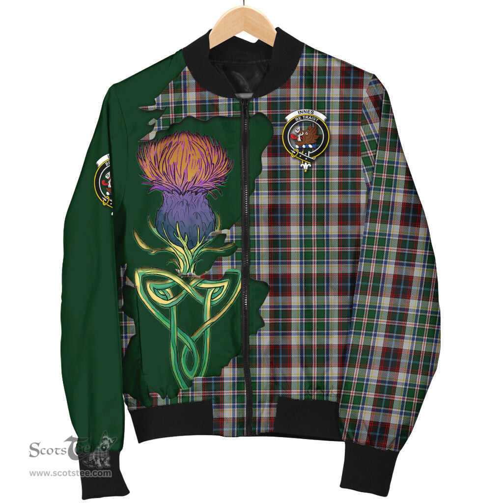 Scottish Innes Dress Tartan Family Crest with Thistle and Scotland Map Tartan Plaid Bomber Jacket Scottish Plaid Tartan Plaid - ScotsTee - scotstee.com