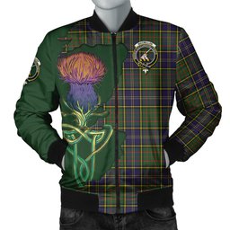 Scottish MacMillan Hunting Modern Tartan Family Crest with Thistle and Scotland Map Tartan Plaid Bomber Jacket Scottish Plaid Tartan Plaid - ScotsTee - scotstee.com