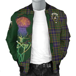 Scottish MacMillan Hunting Modern Tartan Family Crest with Thistle and Scotland Map Tartan Plaid Bomber Jacket Scottish Plaid Tartan Plaid - ScotsTee - scotstee.com