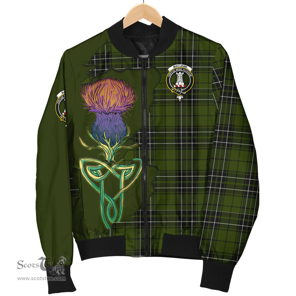 Scottish MacLean Hunting Tartan Family Crest with Thistle and Scotland Map Tartan Plaid Bomber Jacket Scottish Plaid Tartan Plaid - ScotsTee - scotstee.com