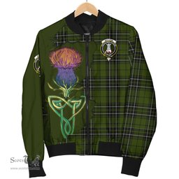 Scottish MacLean Hunting Tartan Family Crest with Thistle and Scotland Map Tartan Plaid Bomber Jacket Scottish Plaid Tartan Plaid - ScotsTee - scotstee.com