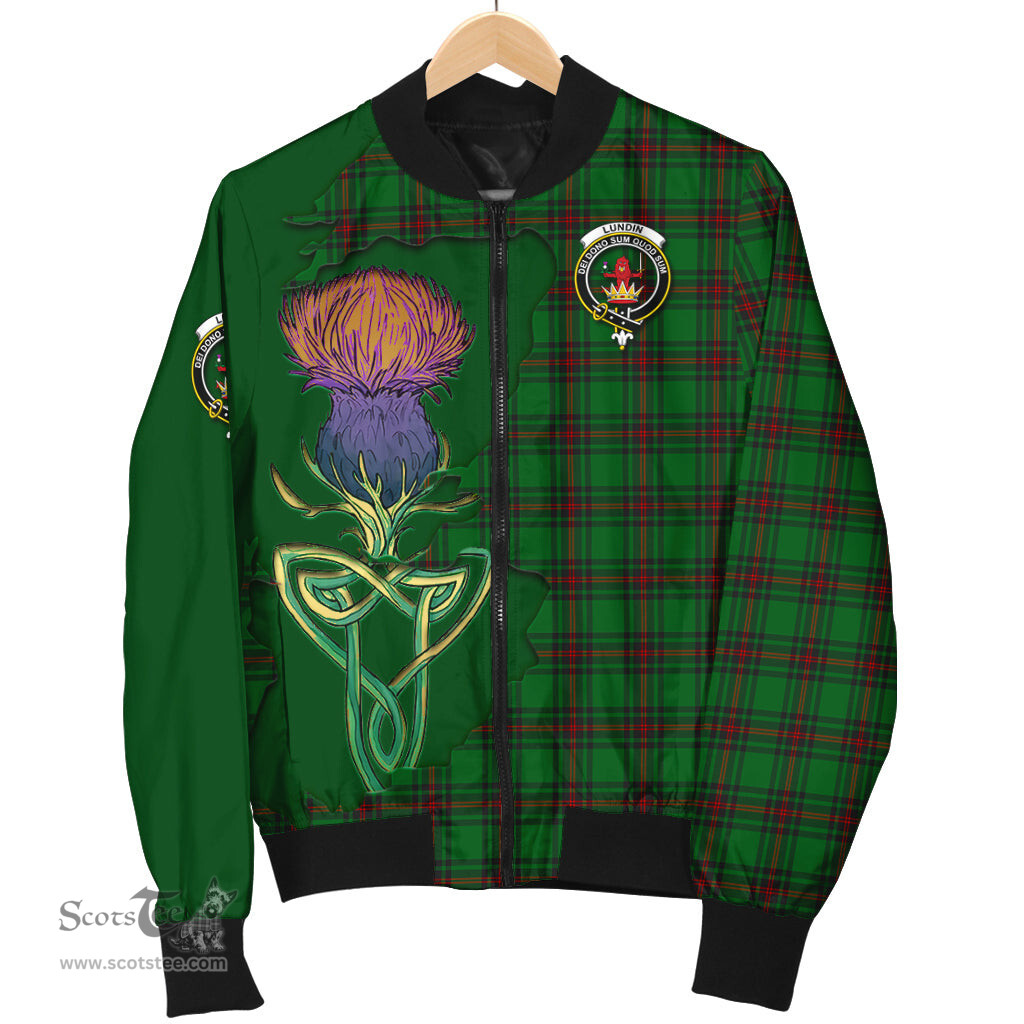 Scottish Lundin Tartan Family Crest with Thistle and Scotland Map Tartan Plaid Bomber Jacket Scottish Plaid Tartan Plaid - ScotsTee - scotstee.com