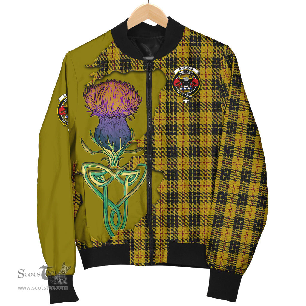 Scottish MacLeod Tartan Family Crest with Thistle and Scotland Map Tartan Plaid Bomber Jacket Scottish Plaid Tartan Plaid - ScotsTee - scotstee.com