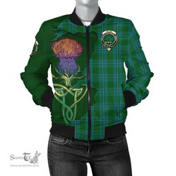 Scottish Irvine of Bonshaw Tartan Family Crest with Thistle and Scotland Map Tartan Plaid Bomber Jacket Scottish Plaid Tartan Plaid - ScotsTee - scotstee.com