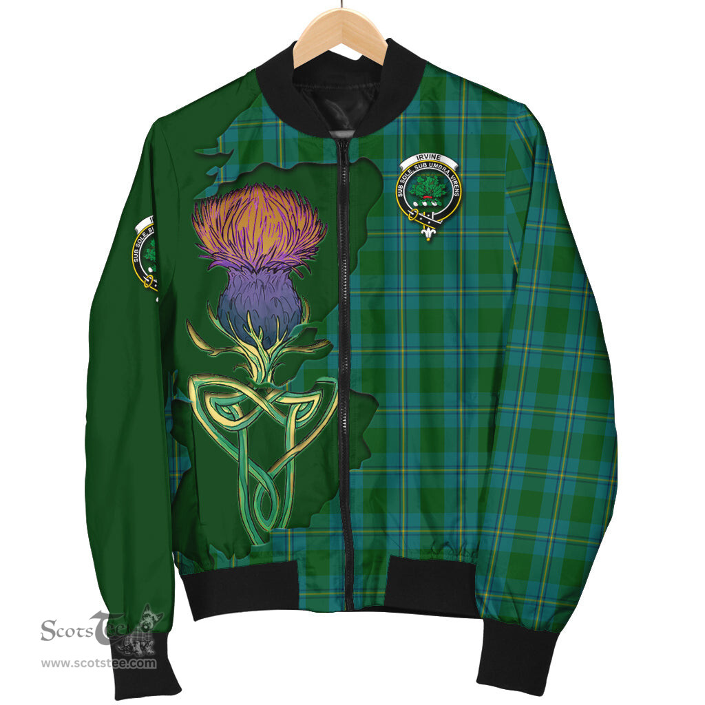 Scottish Irvine of Bonshaw Tartan Family Crest with Thistle and Scotland Map Tartan Plaid Bomber Jacket Scottish Plaid Tartan Plaid - ScotsTee - scotstee.com