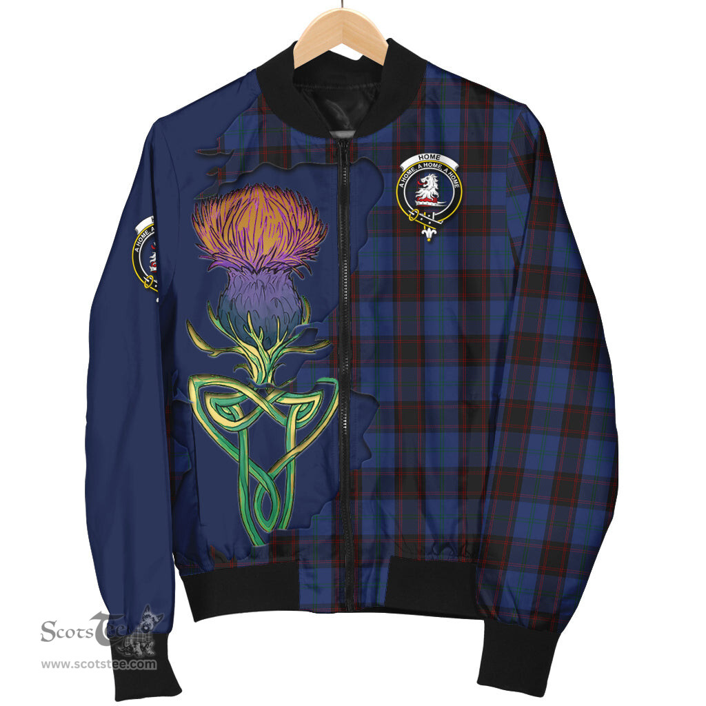 Scottish Home (Hume) Tartan Family Crest with Thistle and Scotland Map Tartan Plaid Bomber Jacket Scottish Plaid Tartan Plaid - ScotsTee - scotstee.com