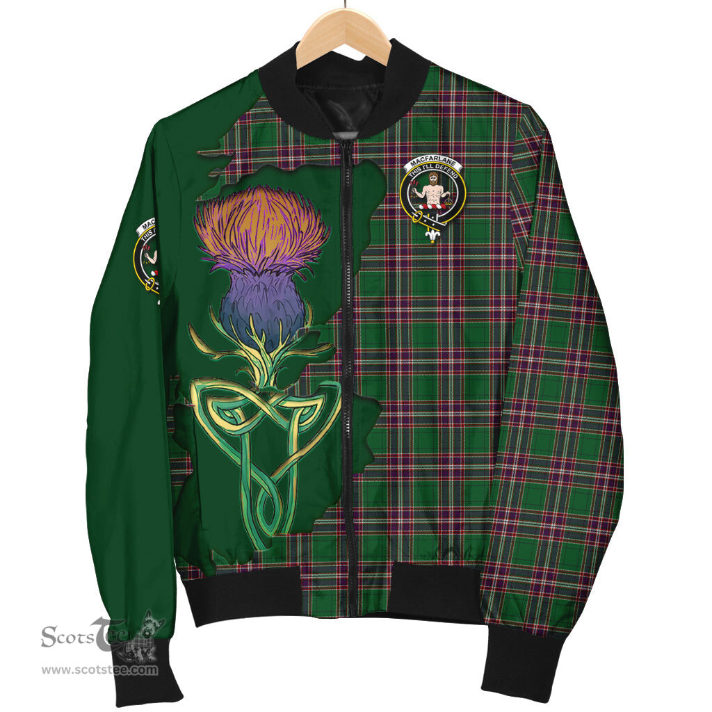 Scottish MacFarlane Hunting Tartan Family Crest with Thistle and Scotland Map Tartan Plaid Bomber Jacket Scottish Plaid Tartan Plaid - ScotsTee - scotstee.com