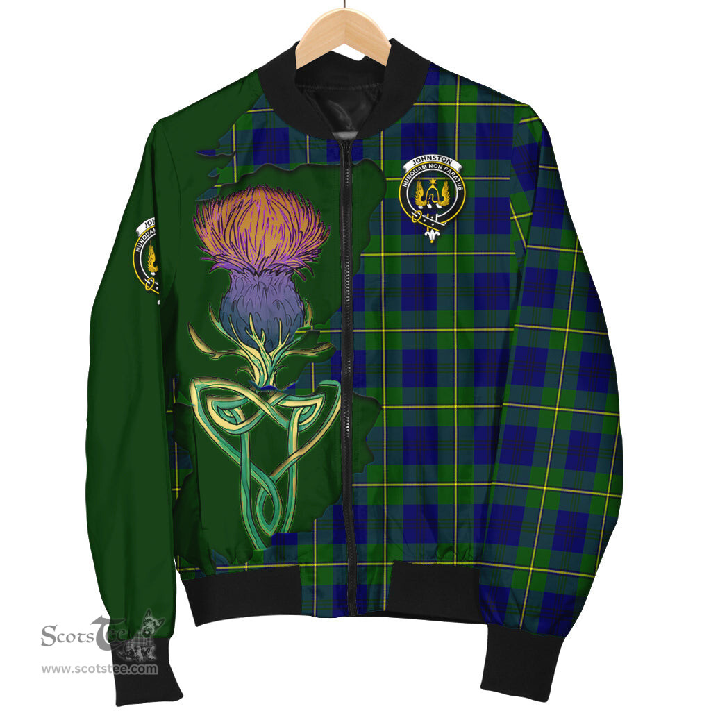Scottish Johnston Modern Tartan Family Crest with Thistle and Scotland Map Tartan Plaid Bomber Jacket Scottish Plaid Tartan Plaid - ScotsTee - scotstee.com