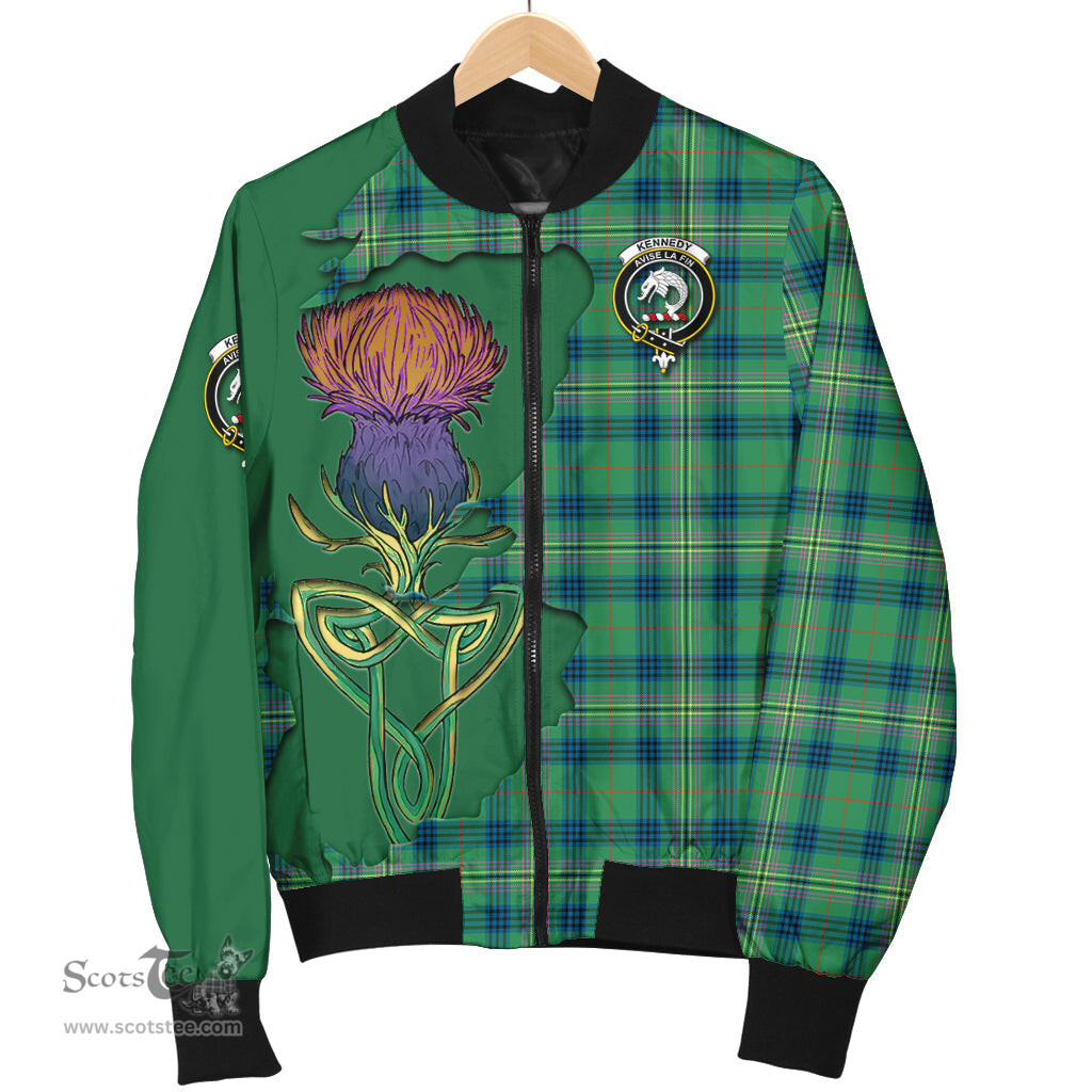 Scottish Kennedy Ancient Tartan Family Crest with Thistle and Scotland Map Tartan Plaid Bomber Jacket Scottish Plaid Tartan Plaid - ScotsTee - scotstee.com