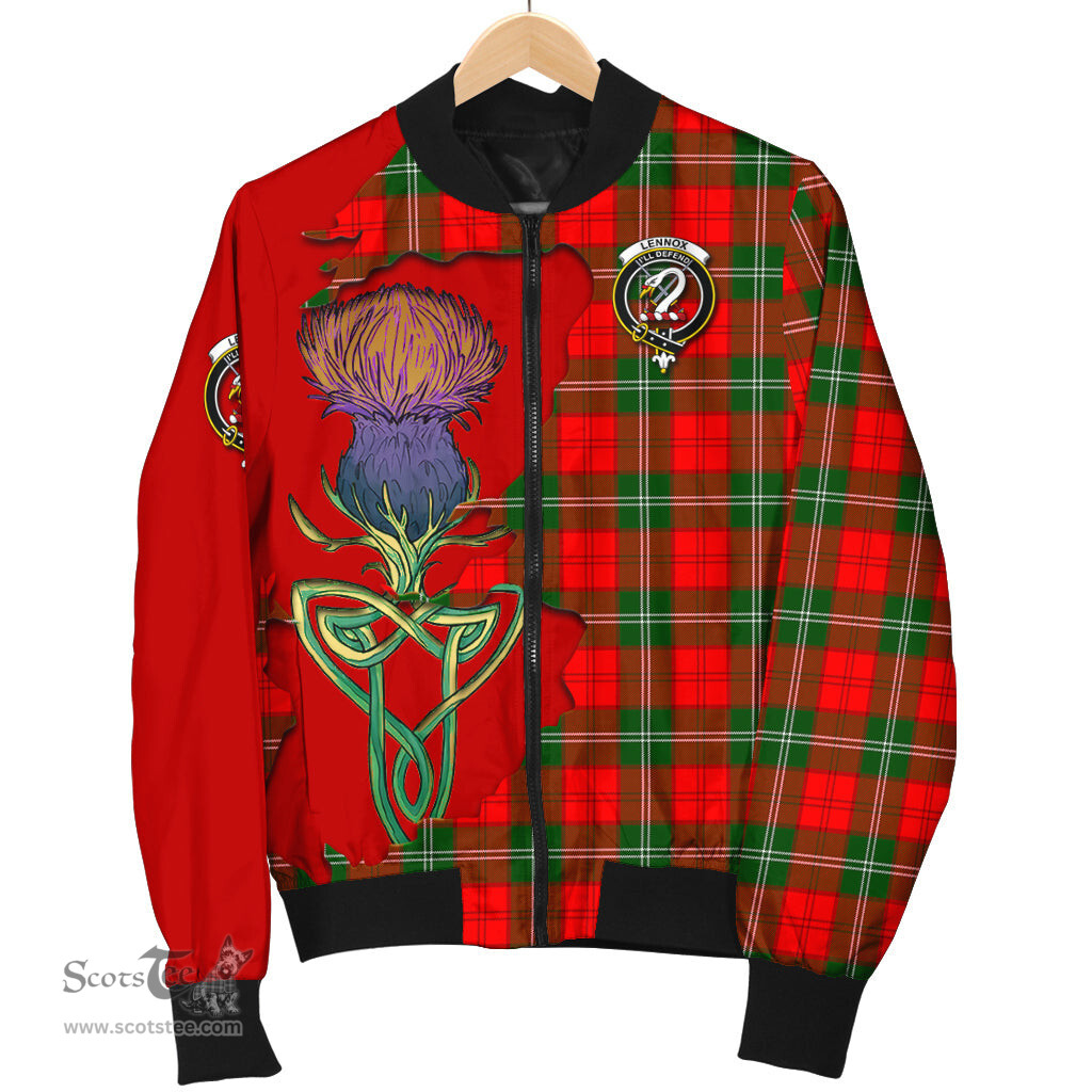 Scottish Lennox Modern Tartan Family Crest with Thistle and Scotland Map Tartan Plaid Bomber Jacket Scottish Plaid Tartan Plaid - ScotsTee - scotstee.com