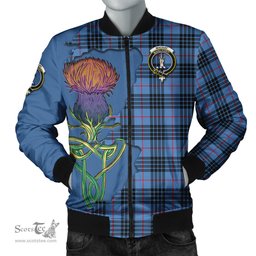 Scottish MacKay Blue Tartan Family Crest with Thistle and Scotland Map Tartan Plaid Bomber Jacket Scottish Plaid Tartan Plaid - ScotsTee - scotstee.com