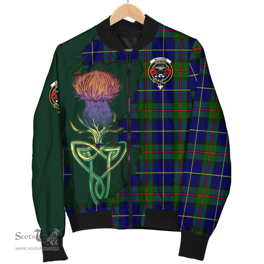 Scottish MacLeod of Harris Modern Tartan Family Crest with Thistle and Scotland Map Tartan Plaid Bomber Jacket Scottish Plaid Tartan Plaid - ScotsTee - scotstee.com