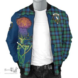 Scottish Hunter Ancient Tartan Family Crest with Thistle and Scotland Map Tartan Plaid Bomber Jacket Scottish Plaid Tartan Plaid - ScotsTee - scotstee.com