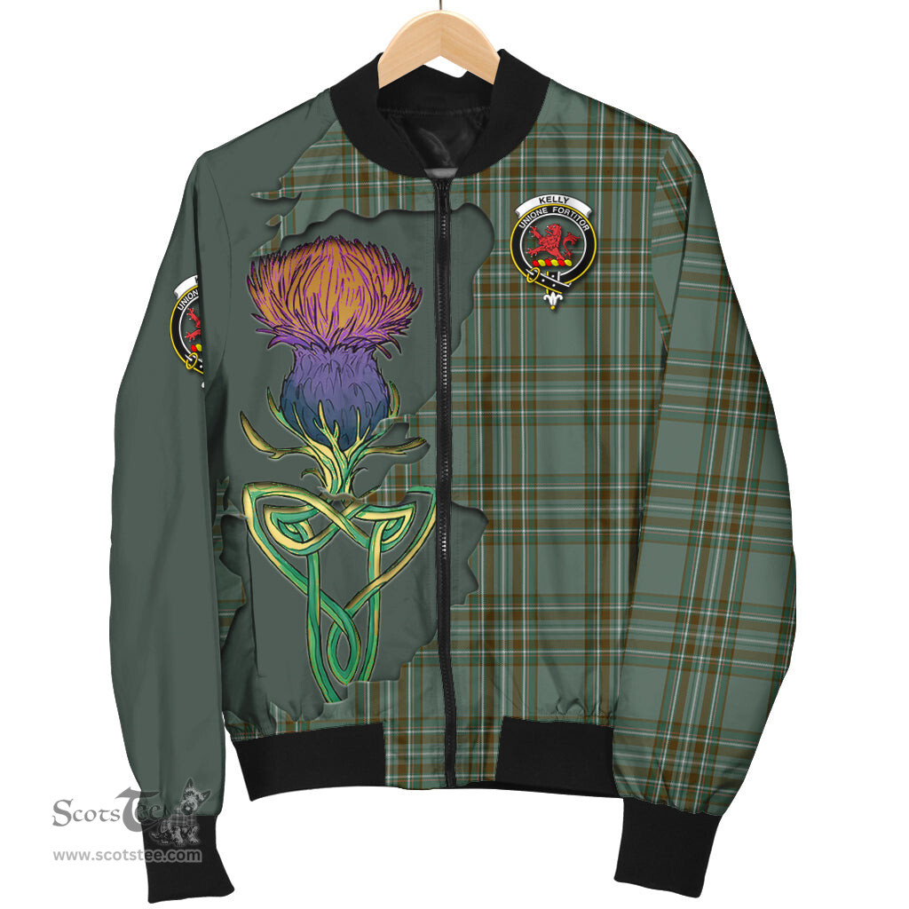 Scottish Kelly Dress Tartan Family Crest with Thistle and Scotland Map Tartan Plaid Bomber Jacket Scottish Plaid Tartan Plaid - ScotsTee - scotstee.com