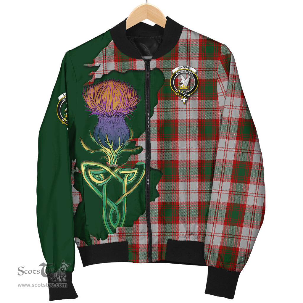 Scottish Lindsay Dress Red Tartan Family Crest with Thistle and Scotland Map Tartan Plaid Bomber Jacket Scottish Plaid Tartan Plaid - ScotsTee - scotstee.com