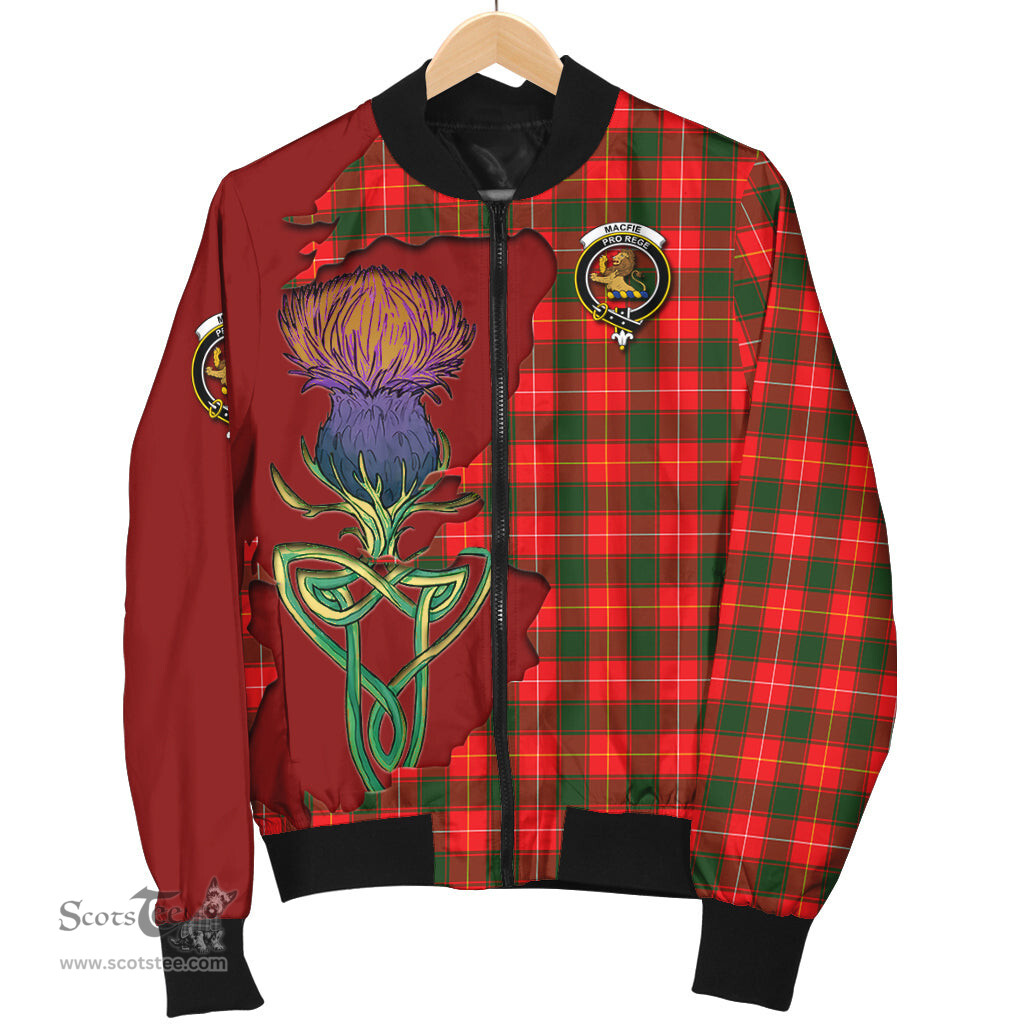 Scottish MacFie Modern Tartan Family Crest with Thistle and Scotland Map Tartan Plaid Bomber Jacket Scottish Plaid Tartan Plaid - ScotsTee - scotstee.com