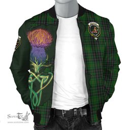 Scottish MacAulay Hunting Tartan Family Crest with Thistle and Scotland Map Tartan Plaid Bomber Jacket Scottish Plaid Tartan Plaid - ScotsTee - scotstee.com
