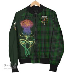 Scottish MacAulay Hunting Tartan Family Crest with Thistle and Scotland Map Tartan Plaid Bomber Jacket Scottish Plaid Tartan Plaid - ScotsTee - scotstee.com