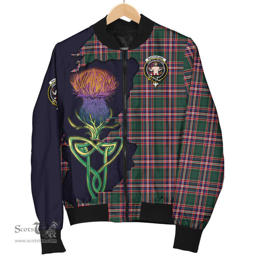 Scottish MacFarlane Hunting Modern Tartan Family Crest with Thistle and Scotland Map Tartan Plaid Bomber Jacket Scottish Plaid Tartan Plaid - ScotsTee - scotstee.com