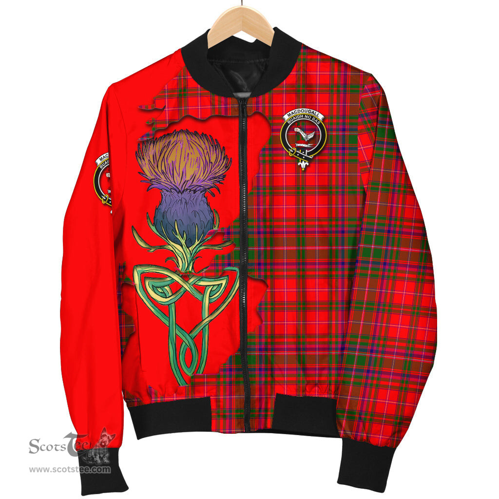 Scottish MacDougall Modern Tartan Family Crest with Thistle and Scotland Map Tartan Plaid Bomber Jacket Scottish Plaid Tartan Plaid - ScotsTee - scotstee.com