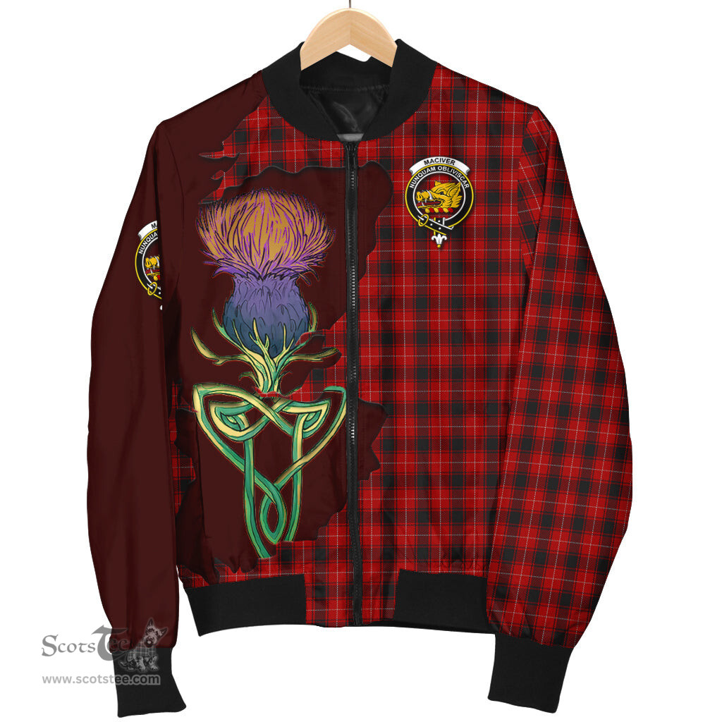 Scottish MacIver Tartan Family Crest with Thistle and Scotland Map Tartan Plaid Bomber Jacket Scottish Plaid Tartan Plaid - ScotsTee - scotstee.com