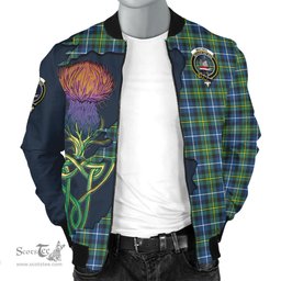 Scottish MacNeil of Barra Ancient Tartan Family Crest with Thistle and Scotland Map Tartan Plaid Bomber Jacket Scottish Plaid Tartan Plaid - ScotsTee - scotstee.com