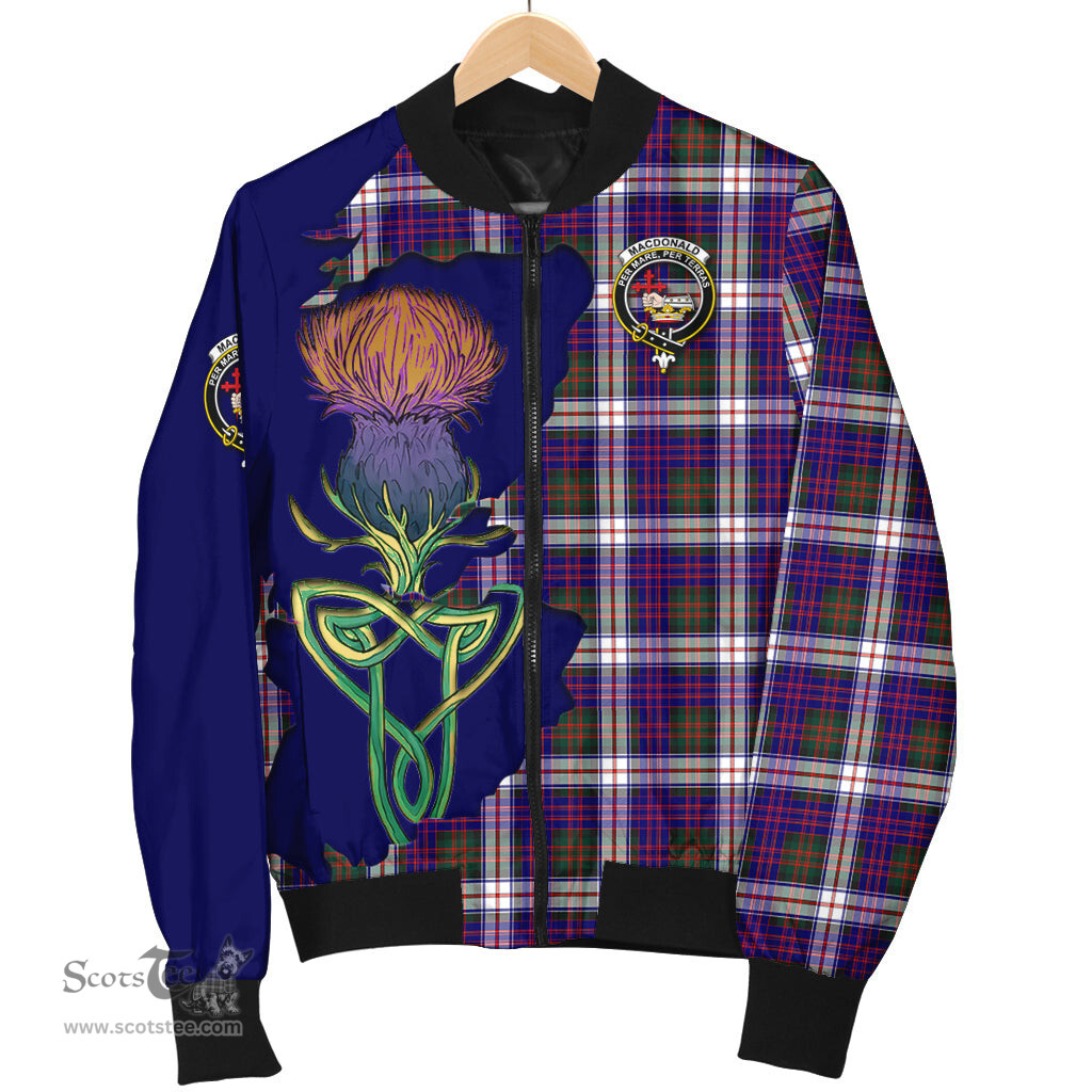 Scottish MacDonald Dress Modern Tartan Family Crest with Thistle and Scotland Map Tartan Plaid Bomber Jacket Scottish Plaid Tartan Plaid - ScotsTee - scotstee.com