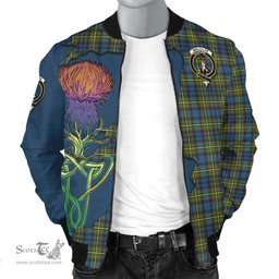 Scottish MacLellan Ancient Tartan Family Crest with Thistle and Scotland Map Tartan Plaid Bomber Jacket Scottish Plaid Tartan Plaid - ScotsTee - scotstee.com