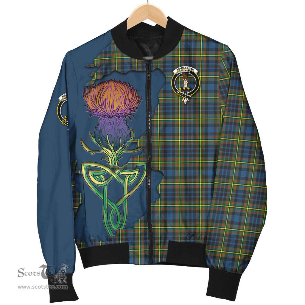 Scottish MacLellan Ancient Tartan Family Crest with Thistle and Scotland Map Tartan Plaid Bomber Jacket Scottish Plaid Tartan Plaid - ScotsTee - scotstee.com