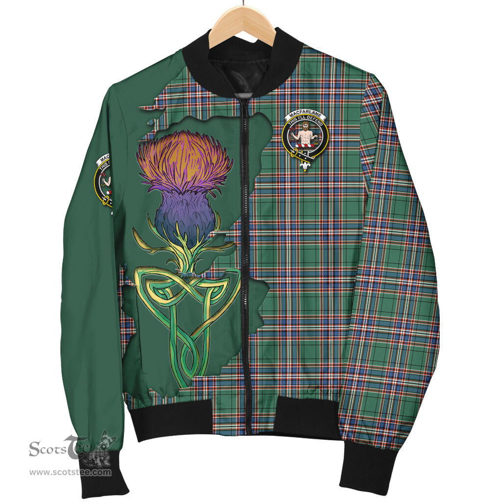Scottish MacFarlane Hunting Ancient Tartan Family Crest with Thistle and Scotland Map Tartan Plaid Bomber Jacket Scottish Plaid Tartan Plaid - ScotsTee - scotstee.com