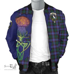 Scottish Hunter Modern Tartan Family Crest with Thistle and Scotland Map Tartan Plaid Bomber Jacket Scottish Plaid Tartan Plaid - ScotsTee - scotstee.com